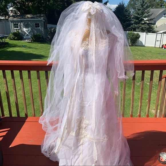 Bridal Vintage 1970s high neck long sleeve wedding dress & veils small - Picture 14 of 17